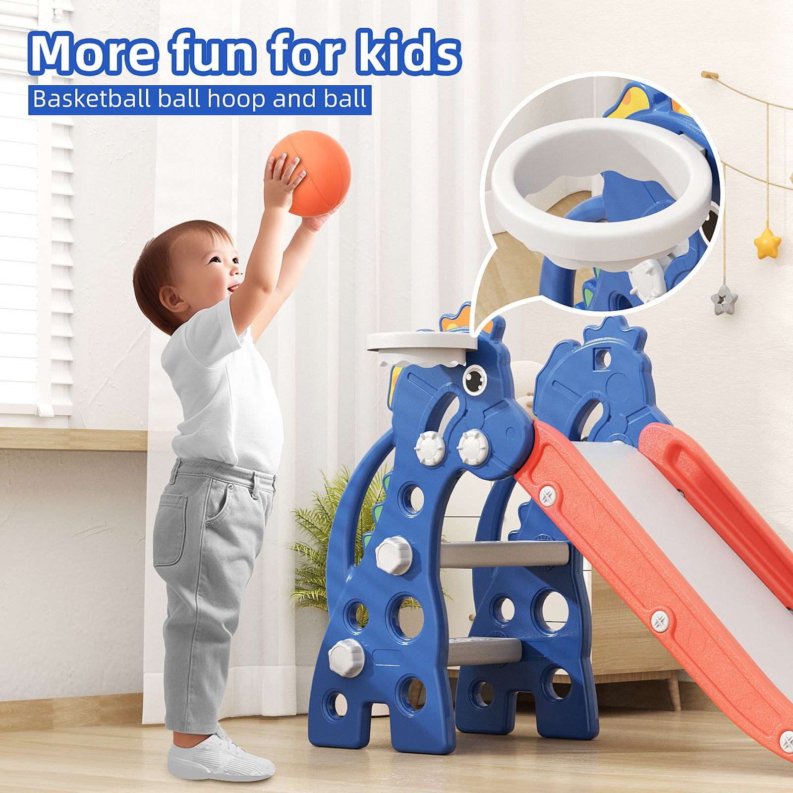KORIMEFA Toddler Slide Indoor for Toddlers 1-3 Baby Slide Outdoor Playset with Basketball Hoop and Ball Plastic Foldable Slides for Kids Backyard Climber Set, Blue