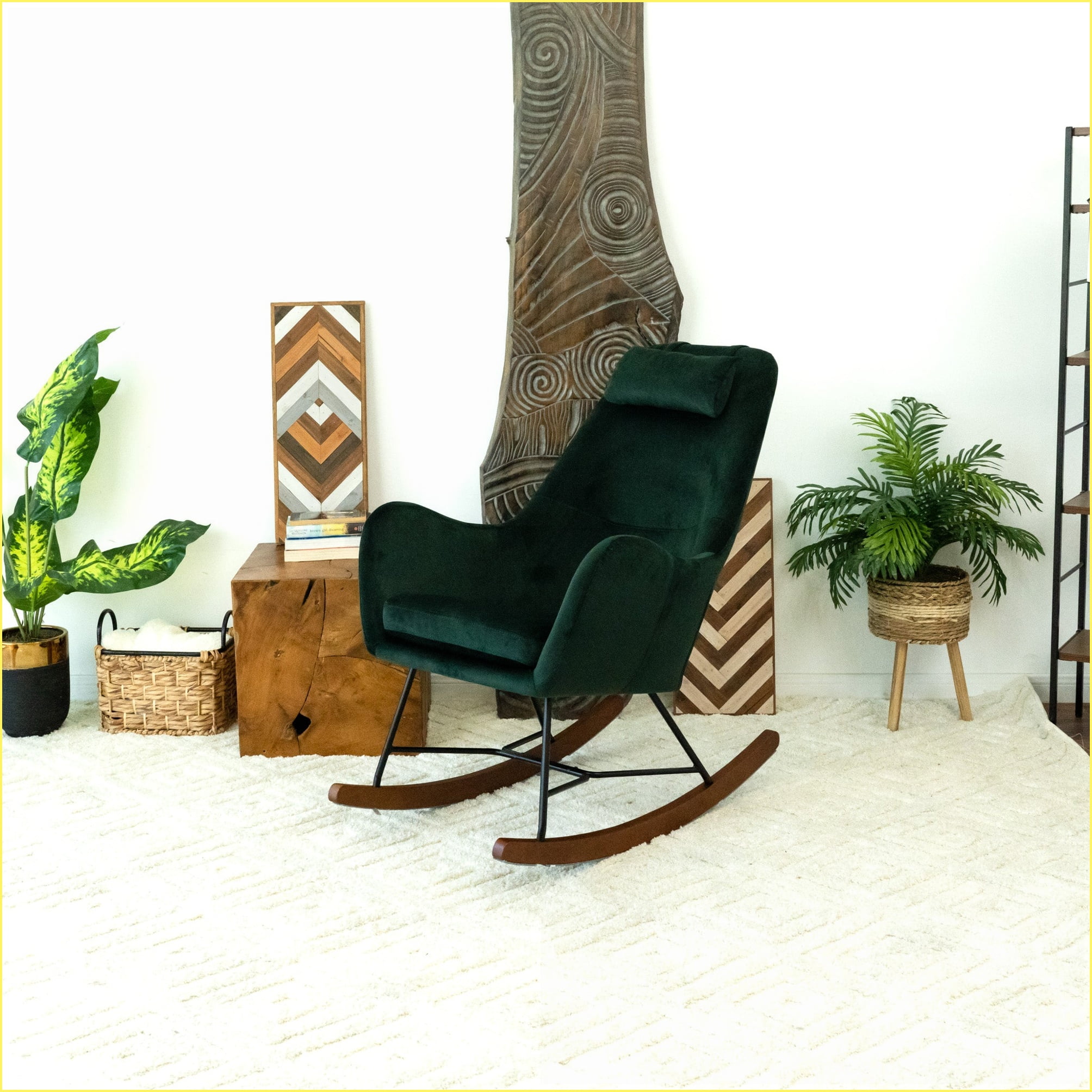 Rocking Chair, Chelsea Green Velvet | Comfortable for Home, Nursery, Living Room | Velvet | Foam