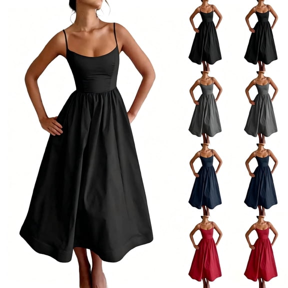 Tqcoqu Summer Bodycon Dresses for Women,Spaghetti Strap Low-Cut Sleeveless Maxi Dresses A Line Flowy Swing Dress,Black Women's S-XXL