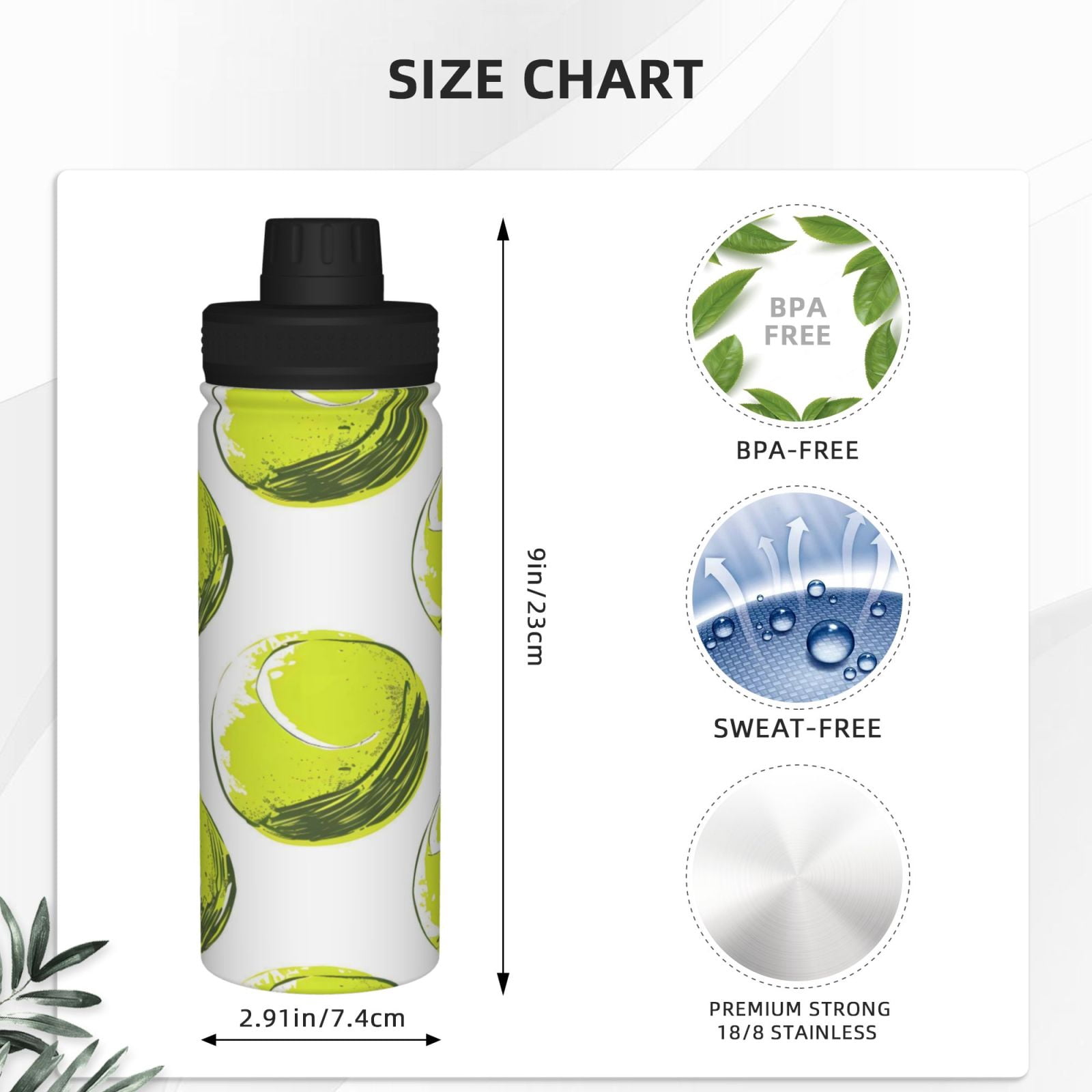 18oz Sports Insulated Kettle Double Wall Vacuum Insulated Water Bottle With Leak Proof Flip Lid For Gym Outdoor Commuting Camping Yellow Green Tennis Balls