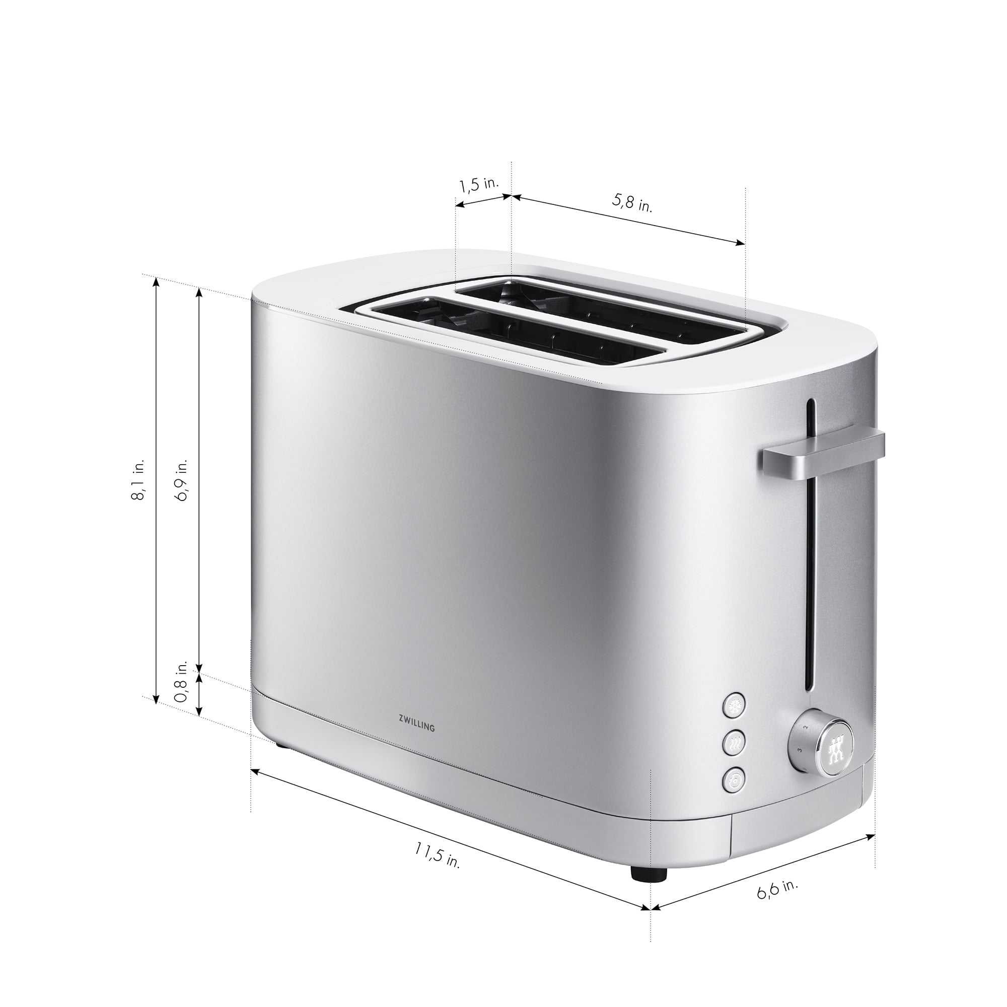 ZWILLING Enfinigy, 2-Slice Toaster, Extra Wide 1.5" Slots for Bagels and Toast, Silver