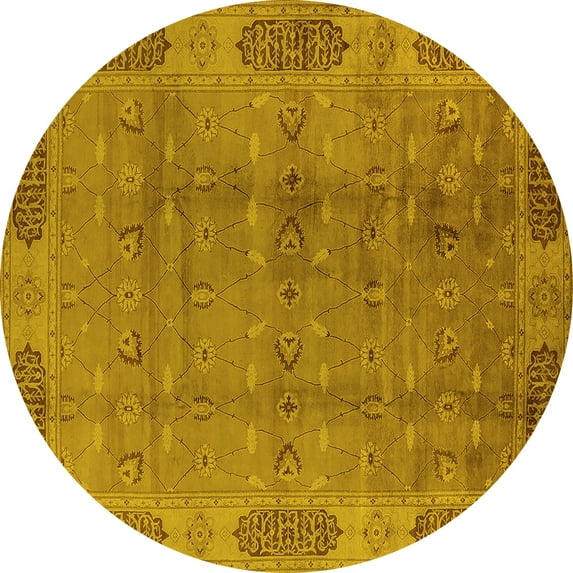 Ahgly Company Machine Washable Indoor Round Oriental Yellow Traditional Area Rugs, 7' Round