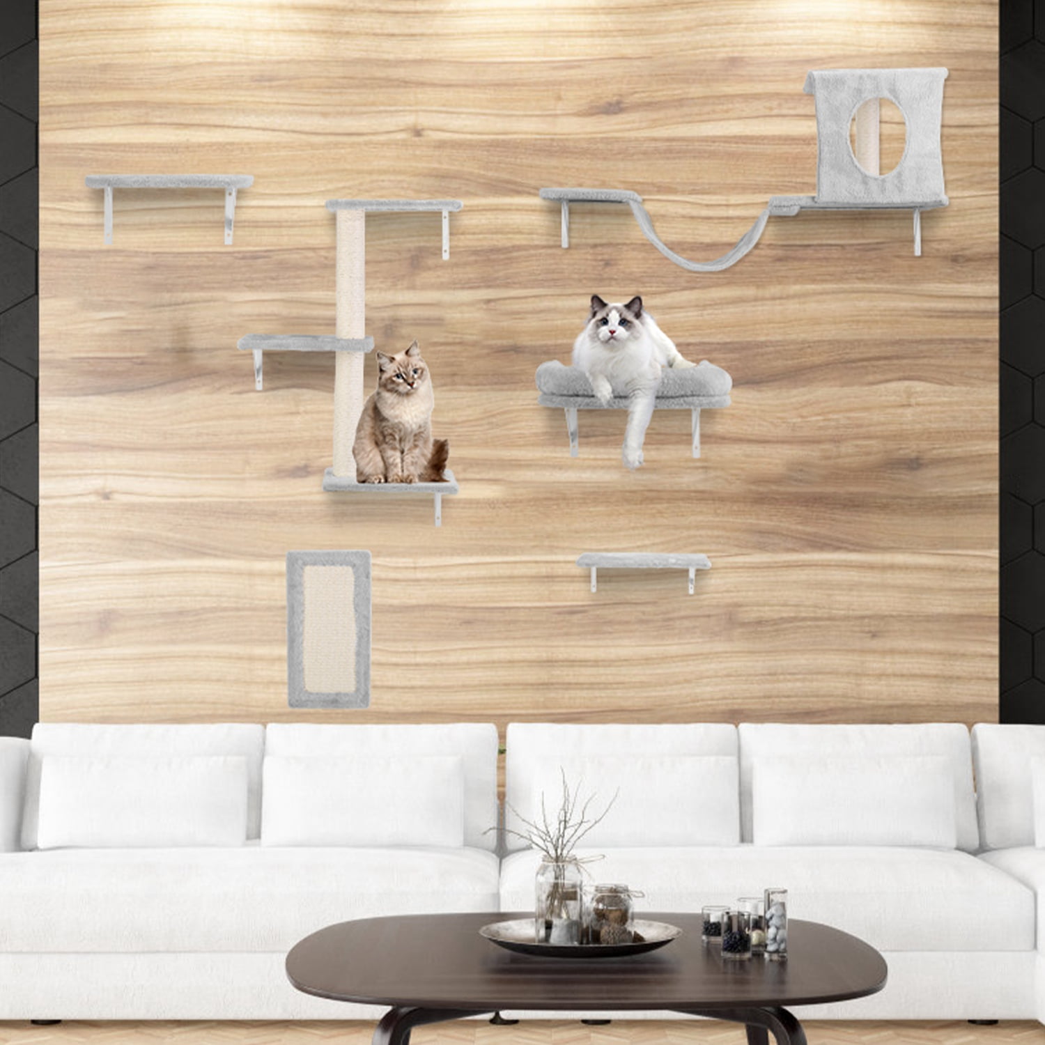 TeqHome Wall Mounted Cat Wall Shelves Set of 6 with Cat Tree Cat Perch Cat Scratching Post Cat Bridge Cat Houses Gray