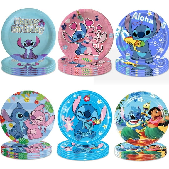 60pcs Cartoon Stitch Party Paper Plates,7 inch Stitch Theme Party Plates Party Tableware for Baby Shower Kids Birthday Party Table Decoration