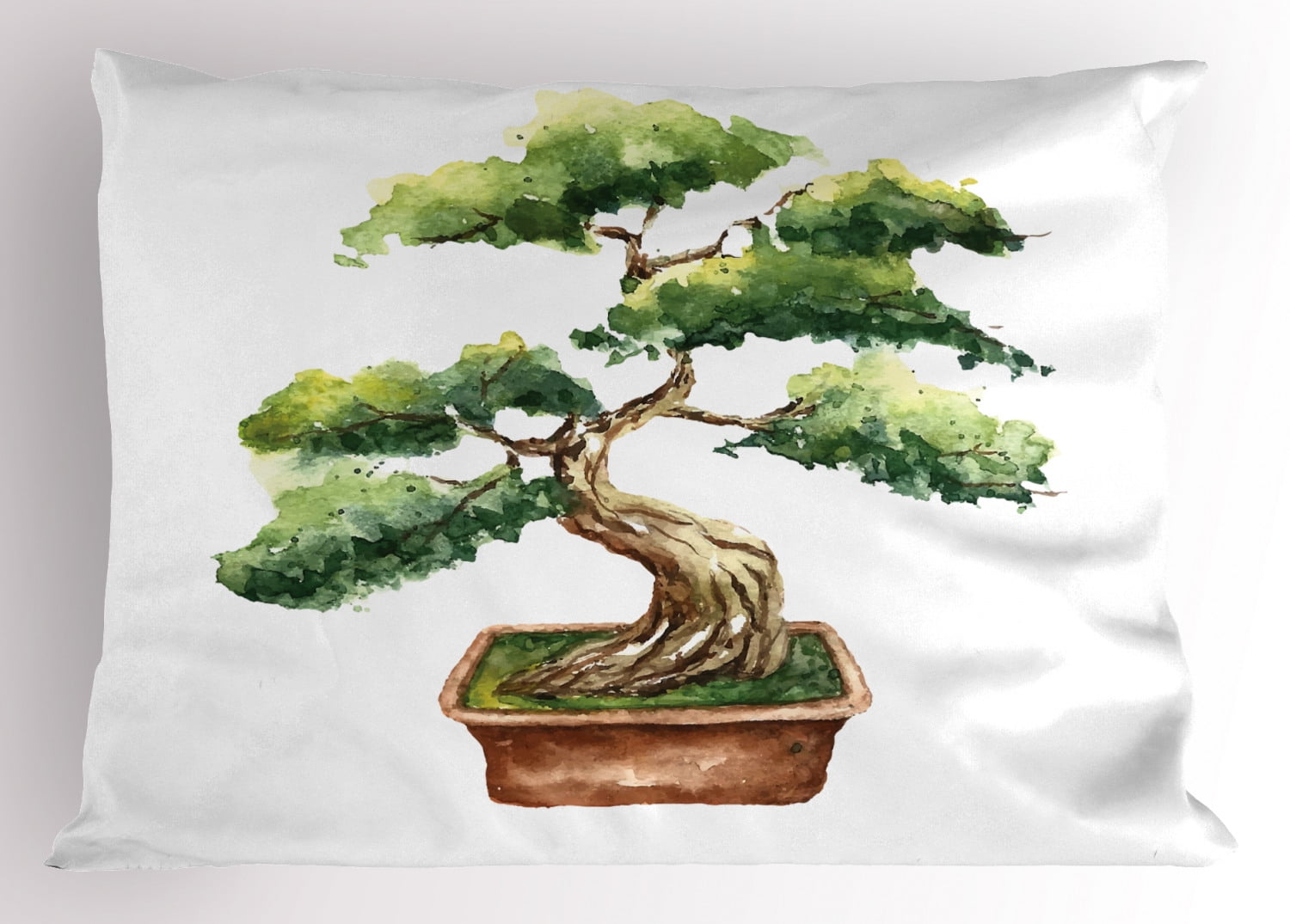 Zen Garden Pillow Sham Watercolor Style Bonsai Hand Drawn Japanese Tree