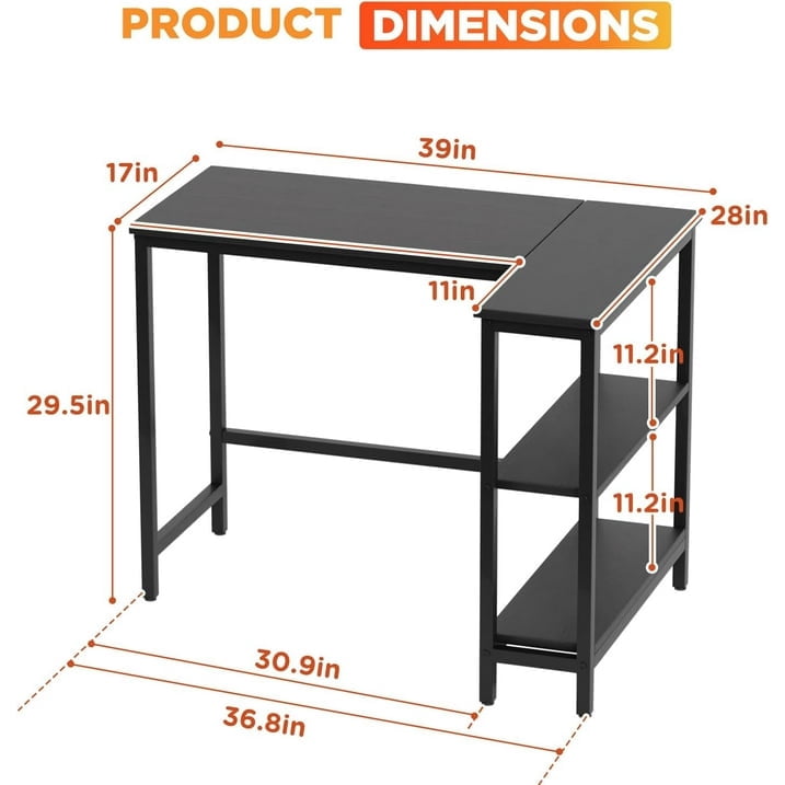 FDW 43 Inch L-Shaped Computer Desk with Metal Frame and Reversible Storage Shelves,Black
