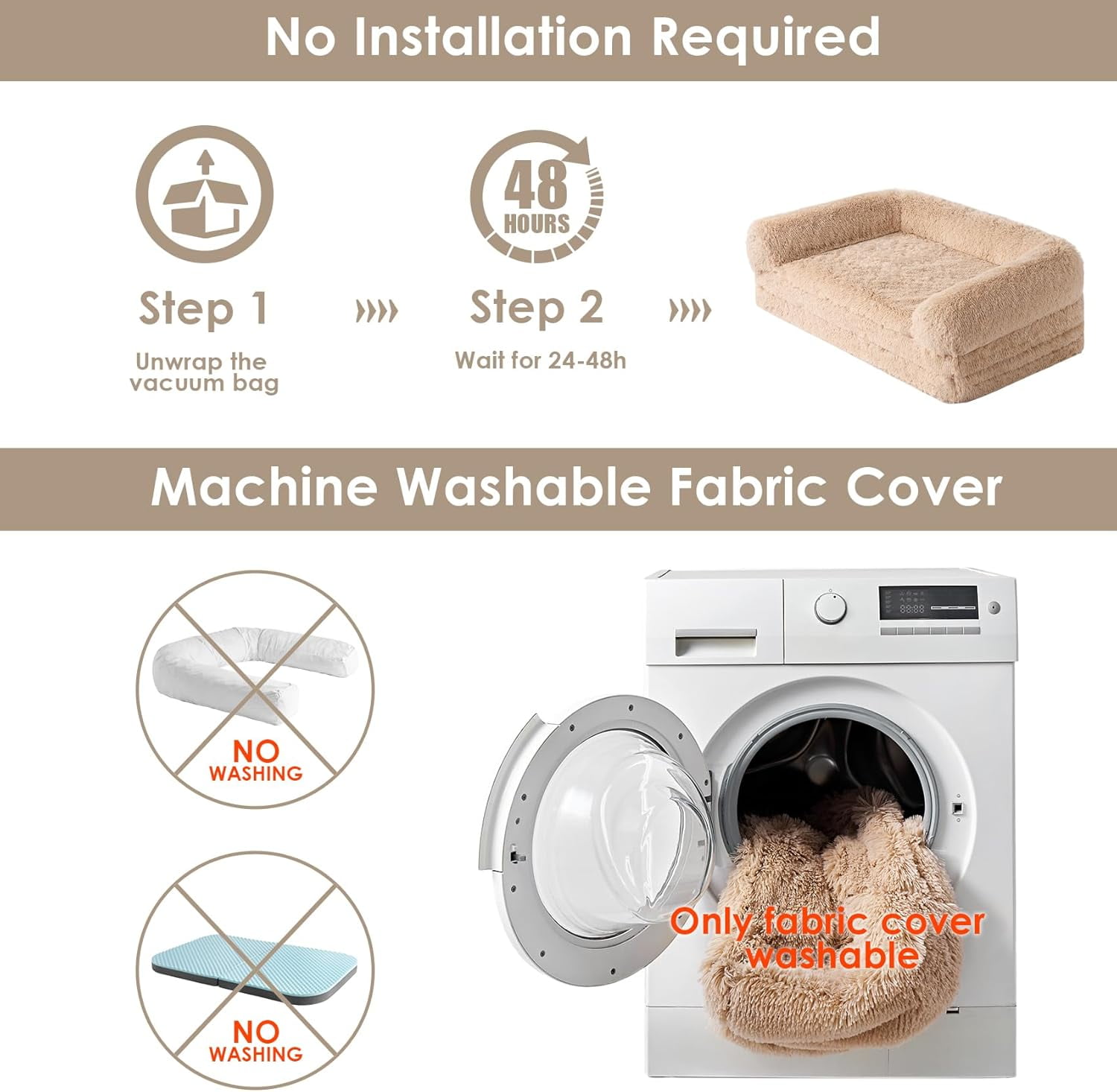 Foldable XXL Dog Bed for Large Sized Dog, 54"x38"x7.5" Faux Fur Fluffy Pet Couch Bed, Orthopedic Calming Memory Foam Big Pet Bed, Washable Pet Sofa Bed with Non-Slip Bottom, Camel