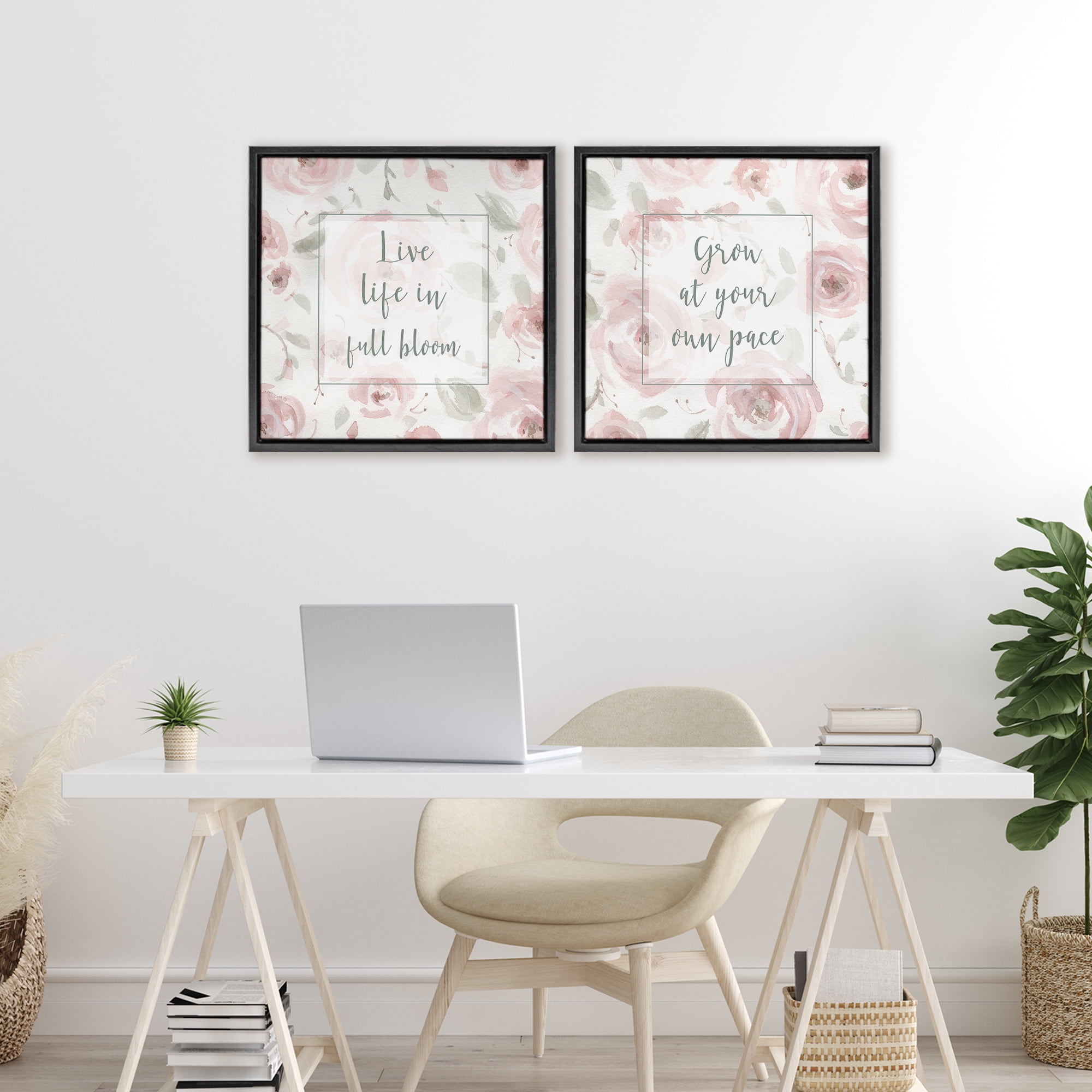 Stupell Industries Full Bloom at Your Pace Florals 2 Piece Black Framed Floater Canvas Set, design by Carol Robinson