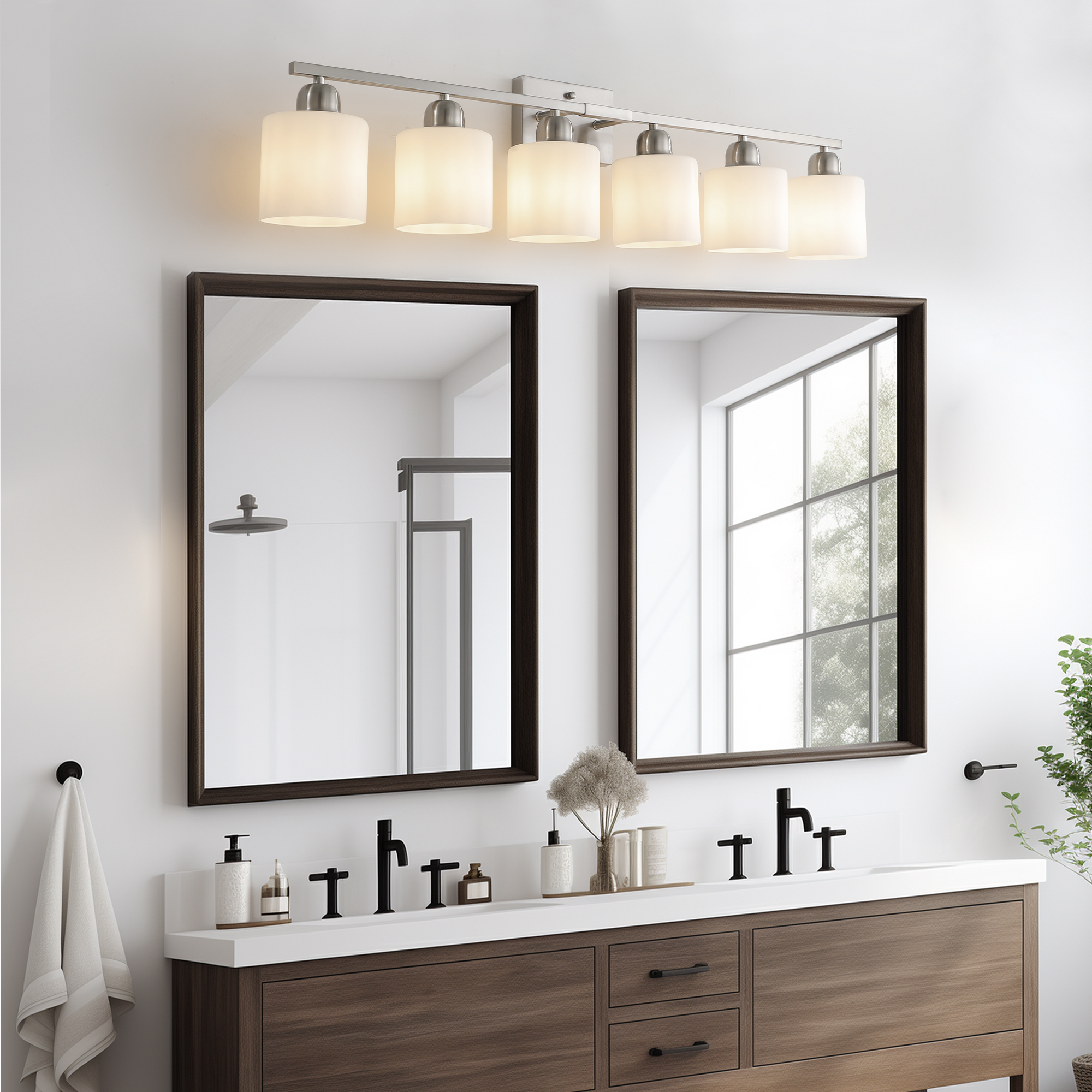 Leumius 6-Light Bathroom Vanity Light Fixture, Modern Vanity Light Over Mirror, Wall Sconces with Milky White Frosted Glass Shades for Mirror, Bathroom, Bedroom and Hallway Chrome (No Bulbs)