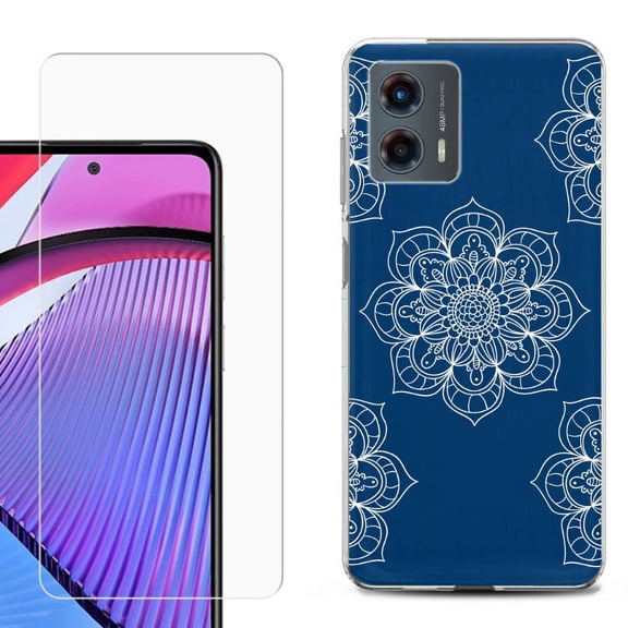 OneToughShield ® Compatible with Motorola Moto G 5G 2023, Shockproof Phone Case, with Tempered Glass Screen Protector - Mandala / Blue