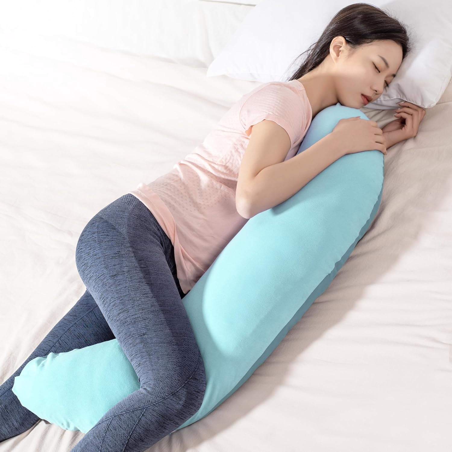 39" Mint Green Blue C Shaped Body Pillow for Side Sleeping Adults Men Women, Anxiety Relief Hug Pillow, Small Pregnancy Pillow Legs Knees Support, Gifts for New Moms (L)