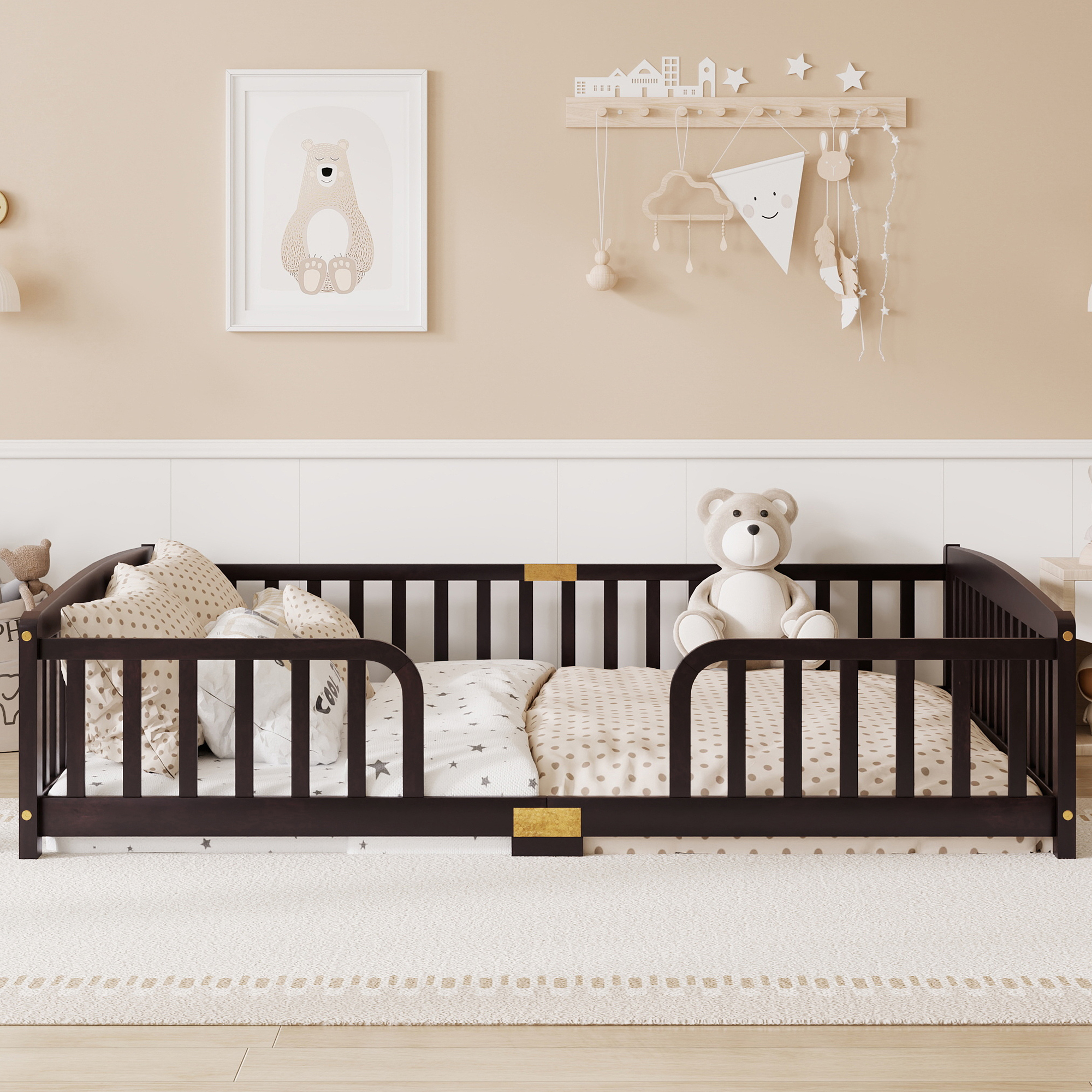 Leumius Queen Size Floor Fence Bed with Central Entrance,Pine Wood Floor bed with Guardrails,Espresso