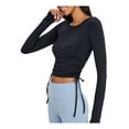 thumbnail image 5 of hirigin Women's Yoga Crop Tops Long Sleeve Pleated Drawstring Solid Color Casual Round Neck T-Shirt, 5 of 7