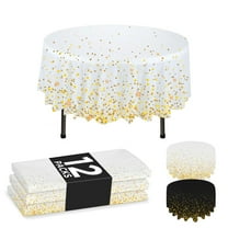 NORZEE 12-Pack Rose Gold Confetti Plastic Tablecloths, 84 Inch Round Disposable Table Cover, Holiday Dinner Party Decor Bulk Set, White, Pink