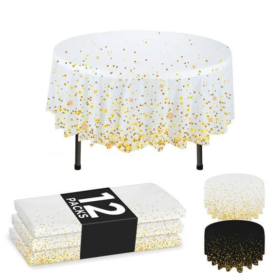 NORZEE 12-Pack Rose Gold Confetti Plastic Tablecloths, 84 Inch Round Disposable Table Cover, Holiday Dinner Party Decor Bulk Set, White, Pink