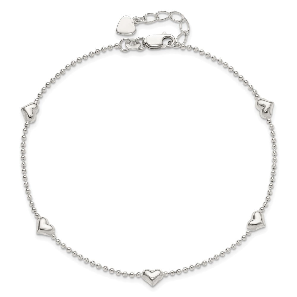925 Sterling Silver Dangling Heart Plus 1in ext. Chain Anklet for Women 9"