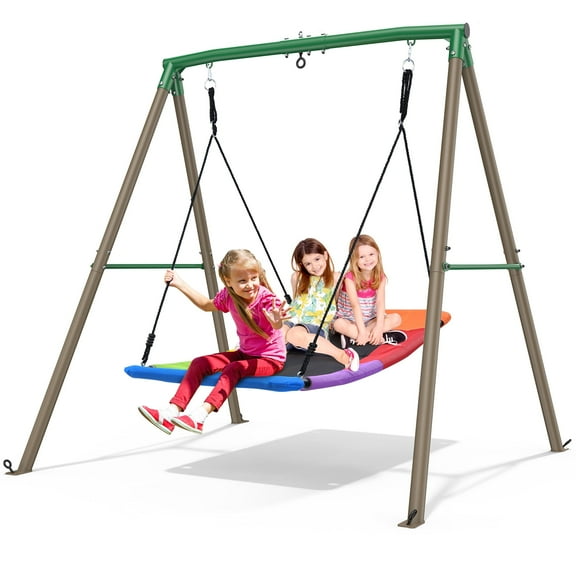 KloKick 60" Large Platform Saucer Swing with Frame – 440lbs Heavy Duty Swing Set for Kids' Backyard Play(Green)