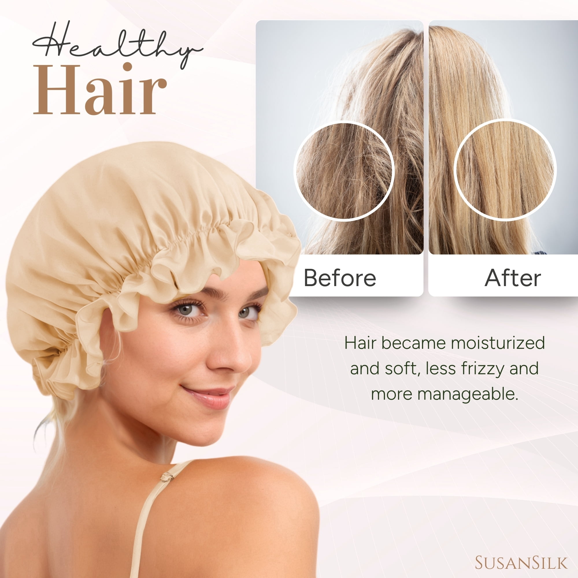 SusanSilk Premium Mulberry Silk Shower Cap with Breathable Hair Protection, Adjustable Elastic