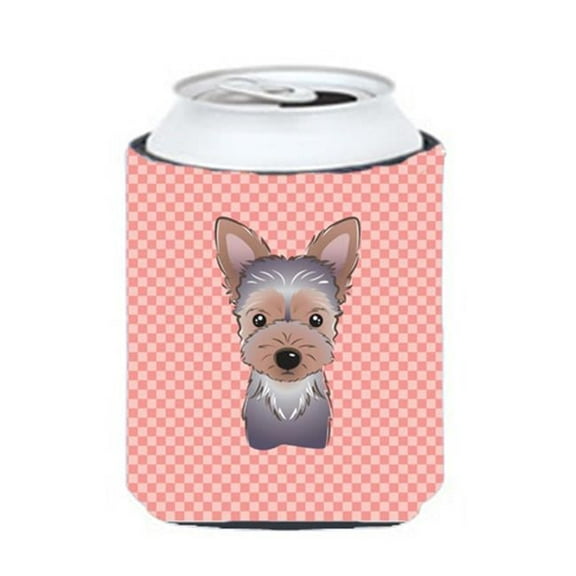 Checkerboard Pink Yorkie Puppy Can Or Bottle Hugger, 12 Oz.