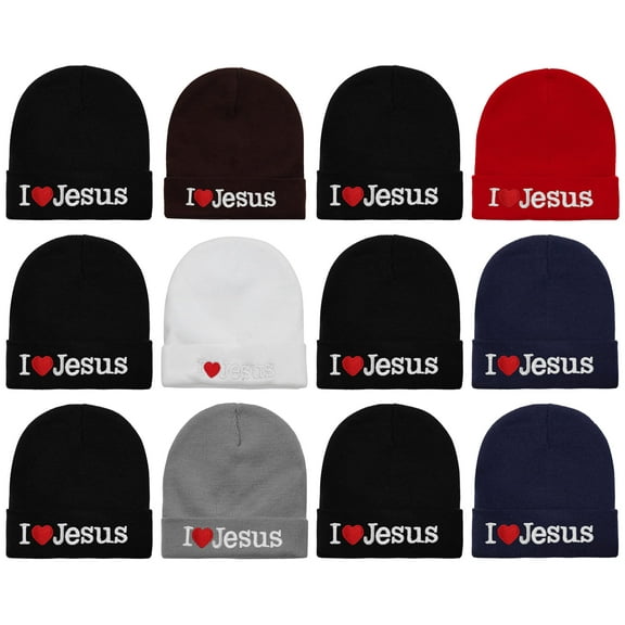 12-Pack I Love Jesus Beanie Hat Ski Cap Plain Solid Color Warm Great for Winter (12 Assorted Color)