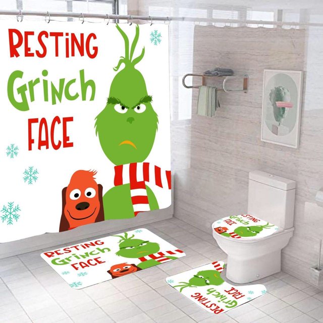 Stole - Juego de 4 cortinas de ducha navideñas de 71.7 x 71.7 in con alfombrilla antideslizante, tapa de inodoro y alfombrilla de baño, decoración de baño navideña de invierno BRI Rojo Verde