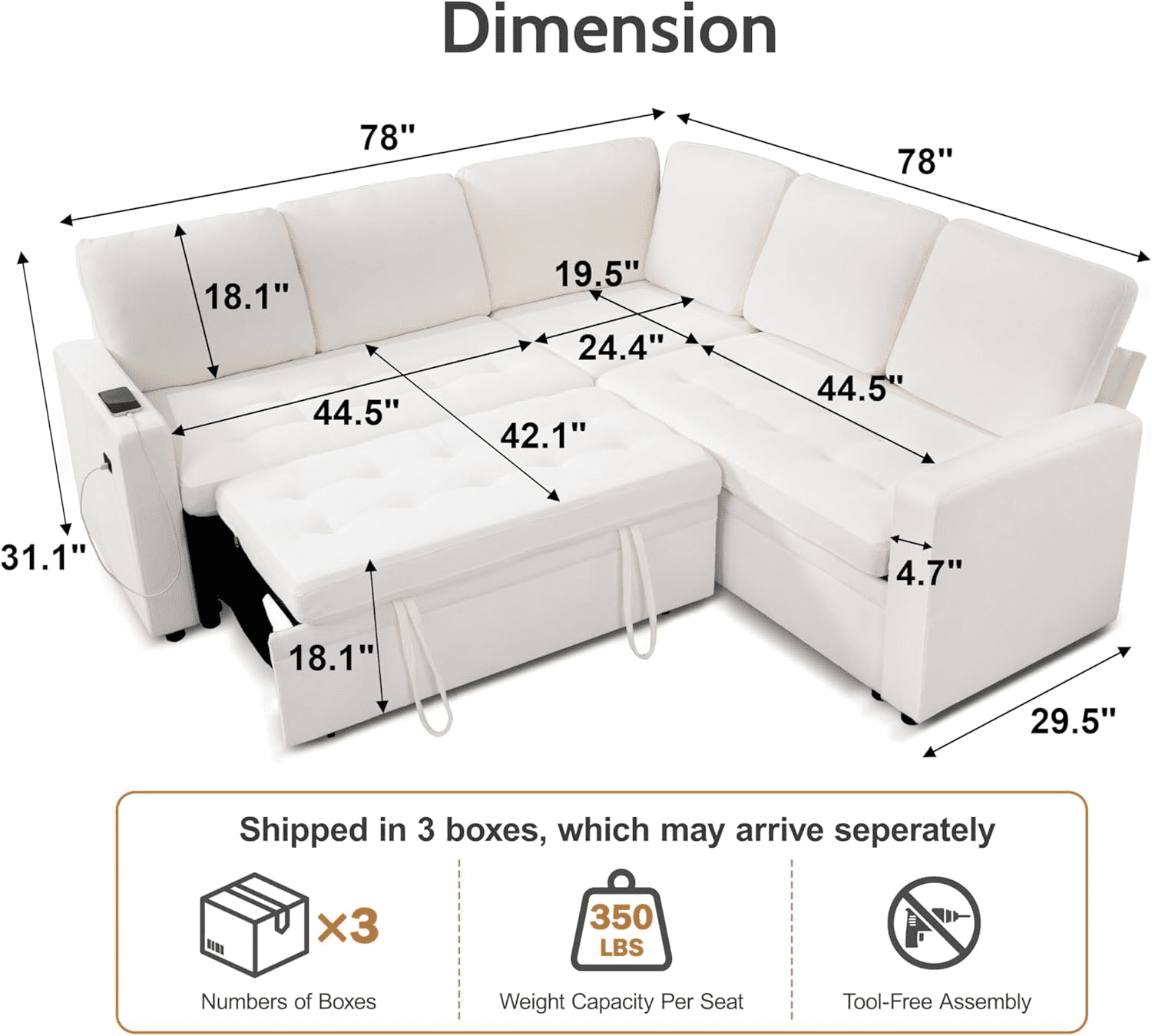 Modular Sectional Sleeper Sofa with Pull-Out Bed, L-Shaped Chenille Couch, USB Ports, Adjustable Backrest & Storage Seats, Tool-Free Assembly – Comfortable & Stylish Living Room Furniture