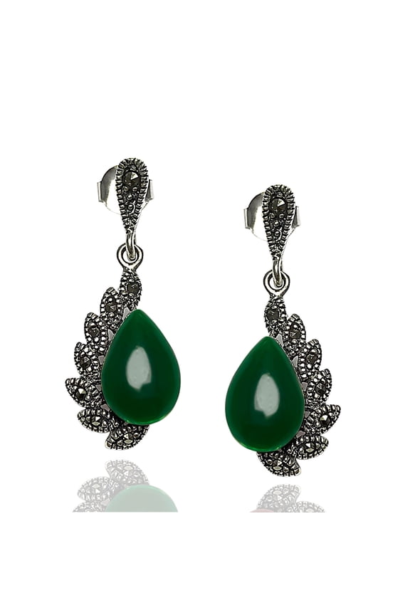 Fine Silver Marcasite & Emerald Gemstones Drop Earrings for Women on Genuine 925 Sterling Silver