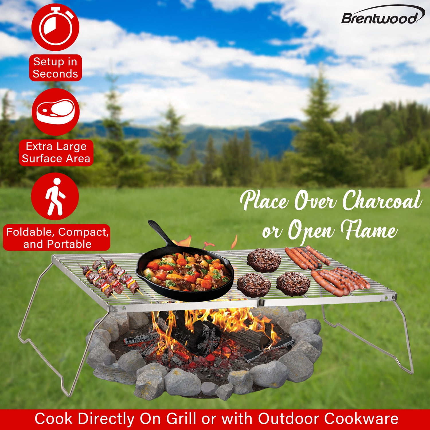 Brentwood 25-In. x 17-In. Heavy-Duty Stainless Steel Portable Folding Campfire Grill with Carry Bag