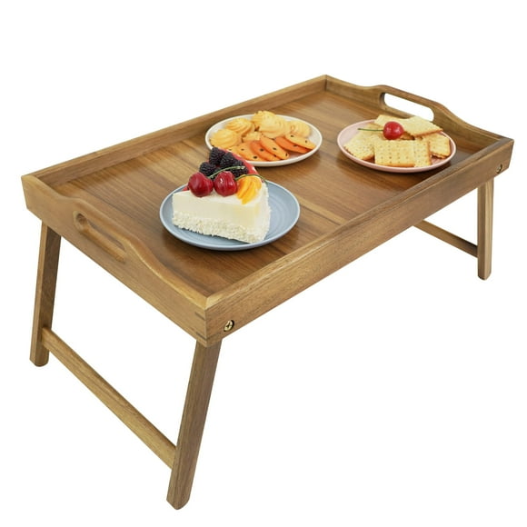 Utoplike Acacia Large Bed Tray Table for Eating, Breakfast Bed ServingTray with Folding Legs, Large Wood Serving Trays for Laptop, Working, Sofa, Party