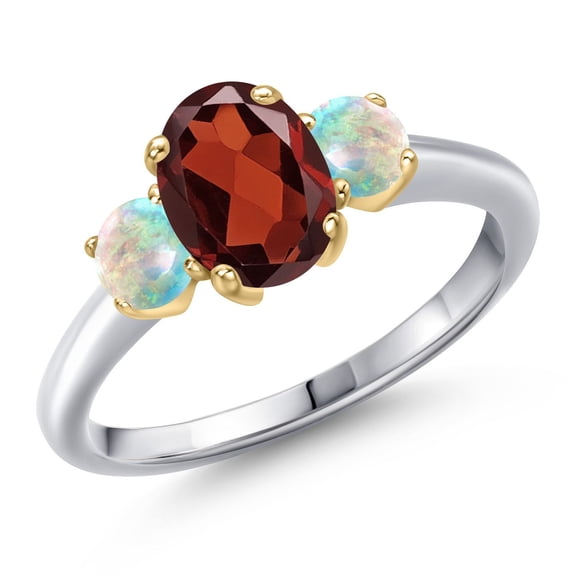 Gem Stone King 10K Two Tone Gold Red Garnet and Simulated White Opal Engagement Ring for Women | 2.00 Cttw | Oval 8X6MM | Gemstone January Birthstone | Size 7