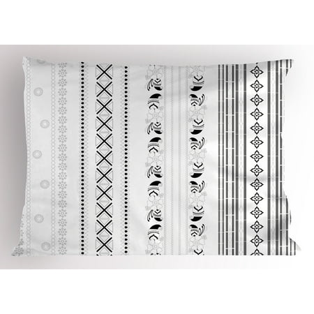 Henna Pillow Sham Vertical Stripes with Geometric Floral Old Fashioned Motifs Rangoli Inspired Design, Decorative Standard Size Printed Pillowcase, 26 X 20 Inches, Black White, by
