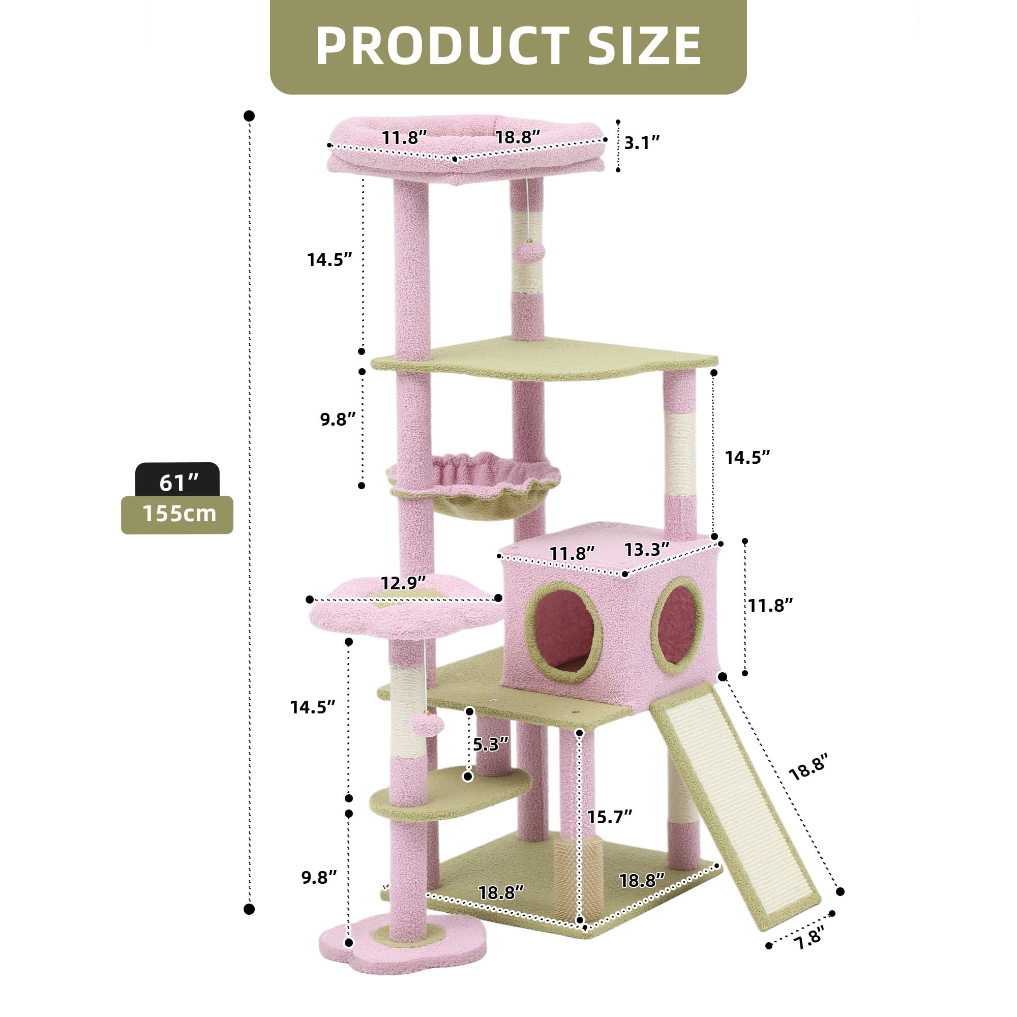 Uforic 61" Large Flower Cat Tree Tower with Hammock, Sisal Scratching Posts and Cat Scratched Board, Pink & Green
