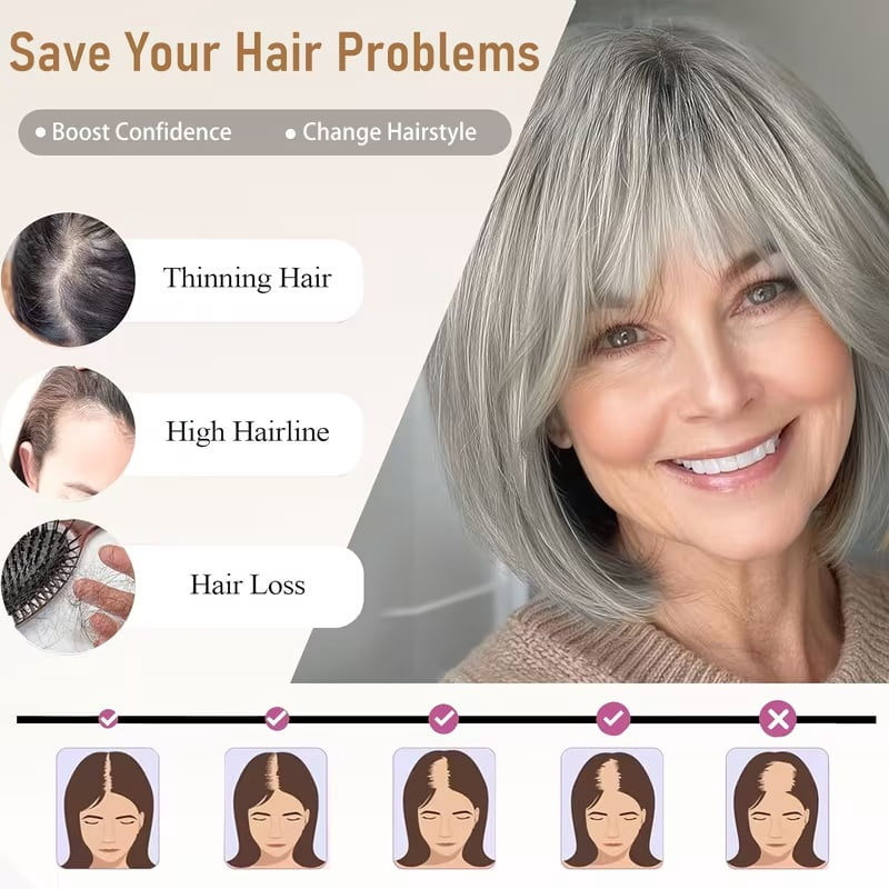 Silver gray women's short bob wig straight hair with bangs synthetic fiber hair piece suitable for thin hair