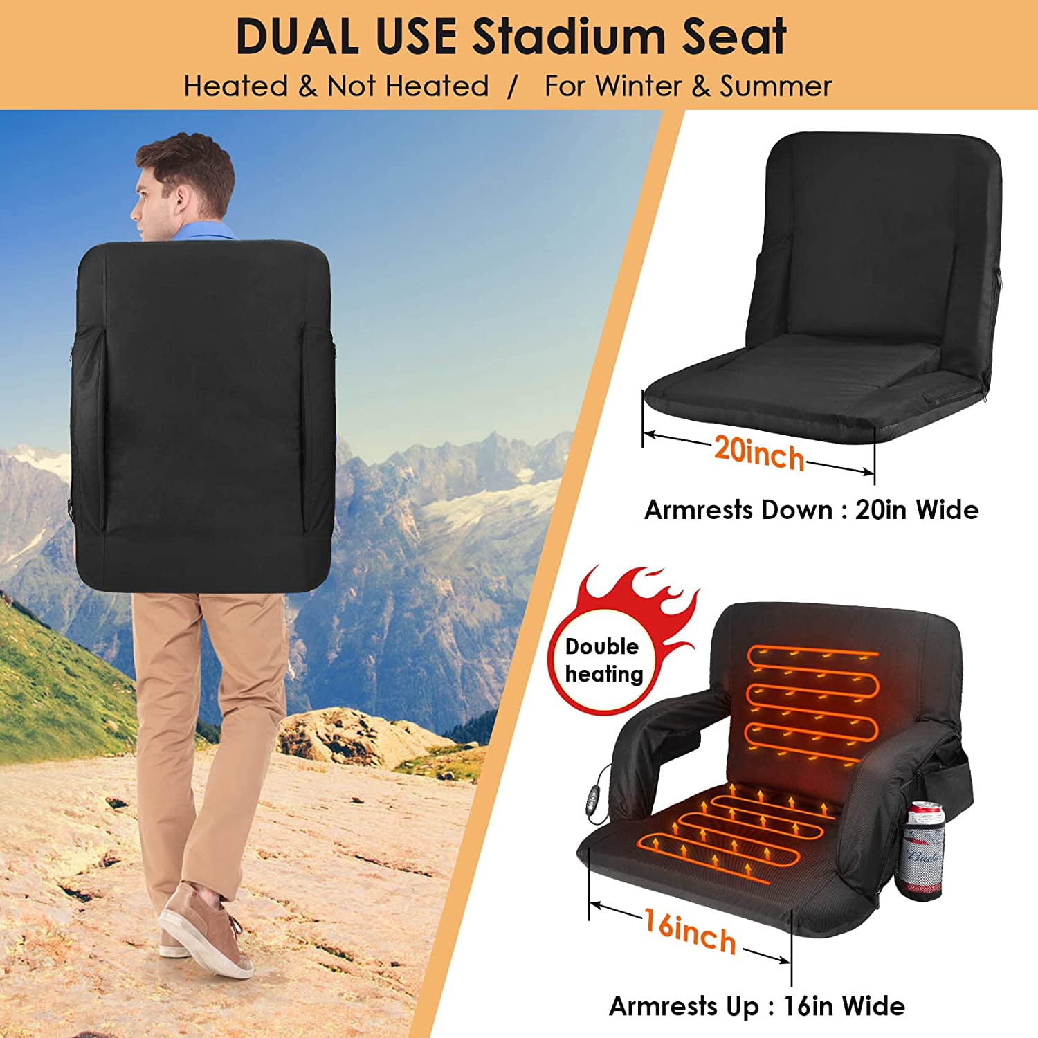  Heated Stadium Seats for Bleachers, Cusion & Backrest Double  Heated Seat [3 Levels USB Heating,6 Positions Reclining Back] Thicker  Padding & Arm Support for Fishing,Camping,Sports Event : Sports & Outdoors