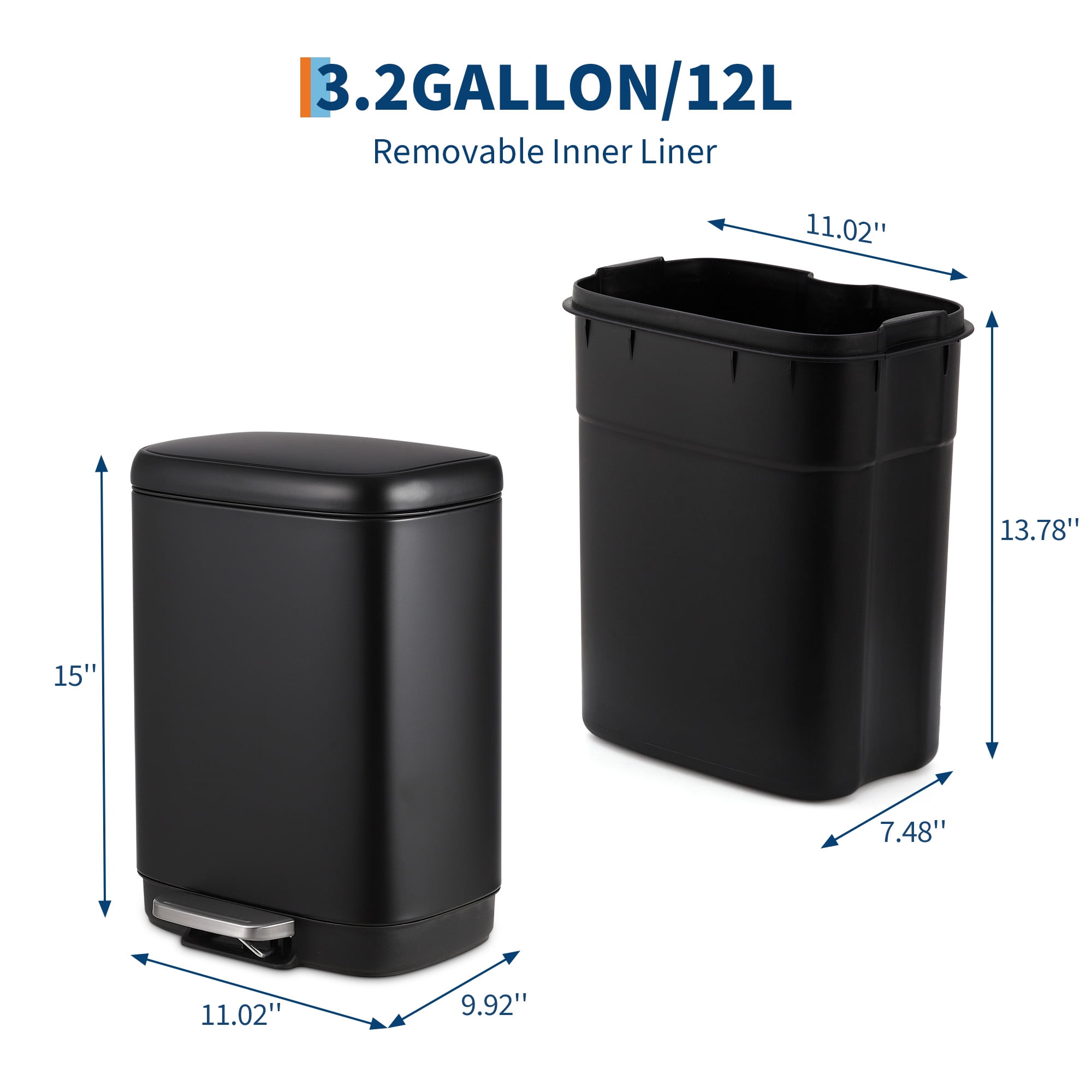 Stainless Steel Trash Can, 3.2 Gallon Lid, Soft Closing Pedal, Fingerprint Resistant, Durable, Suitable for Kitchen Bathroom Trash Can