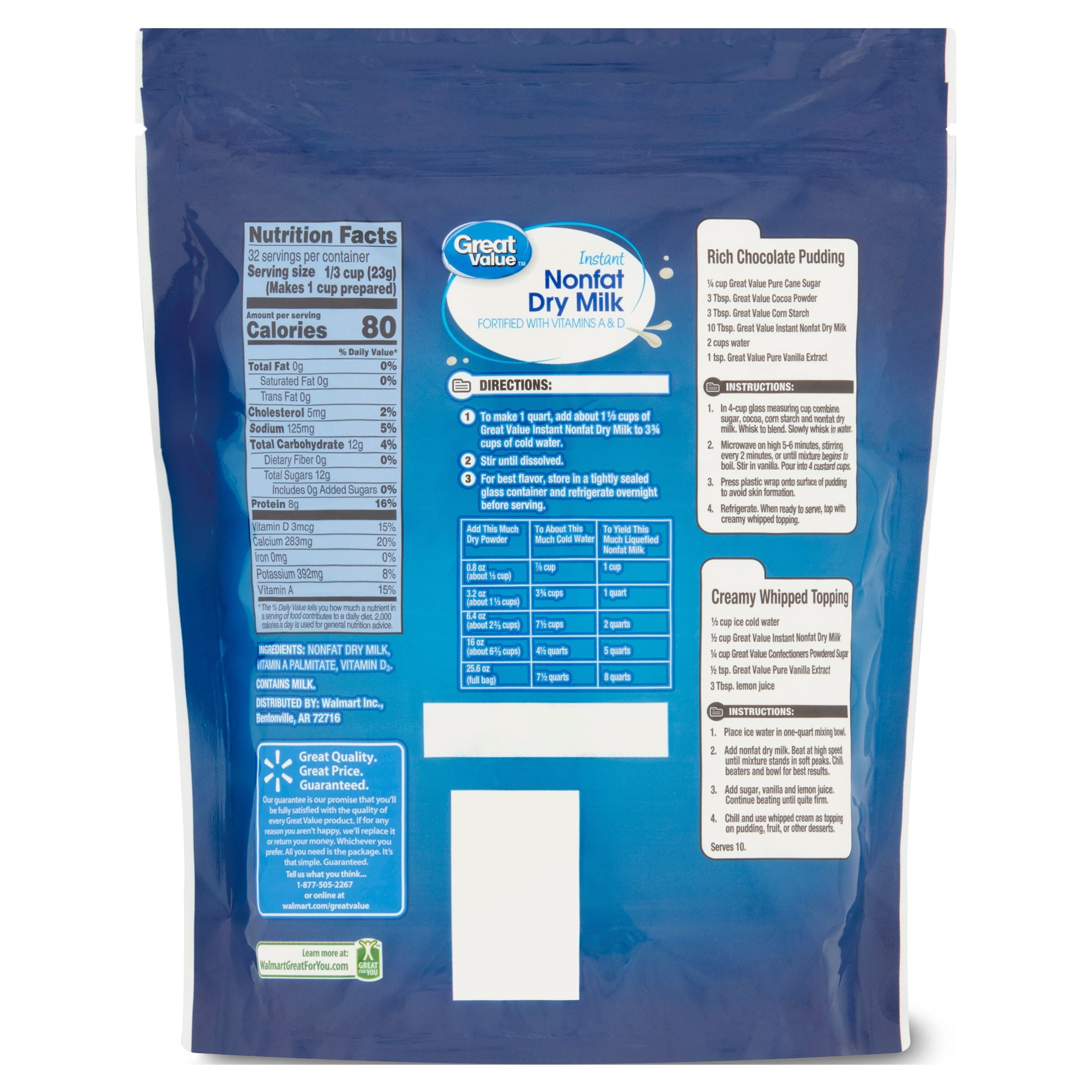 Great Value Instant Nonfat Dry Milk, 25.6 oz Bag, Makes 8 Quarts, 32  Servings per Container 