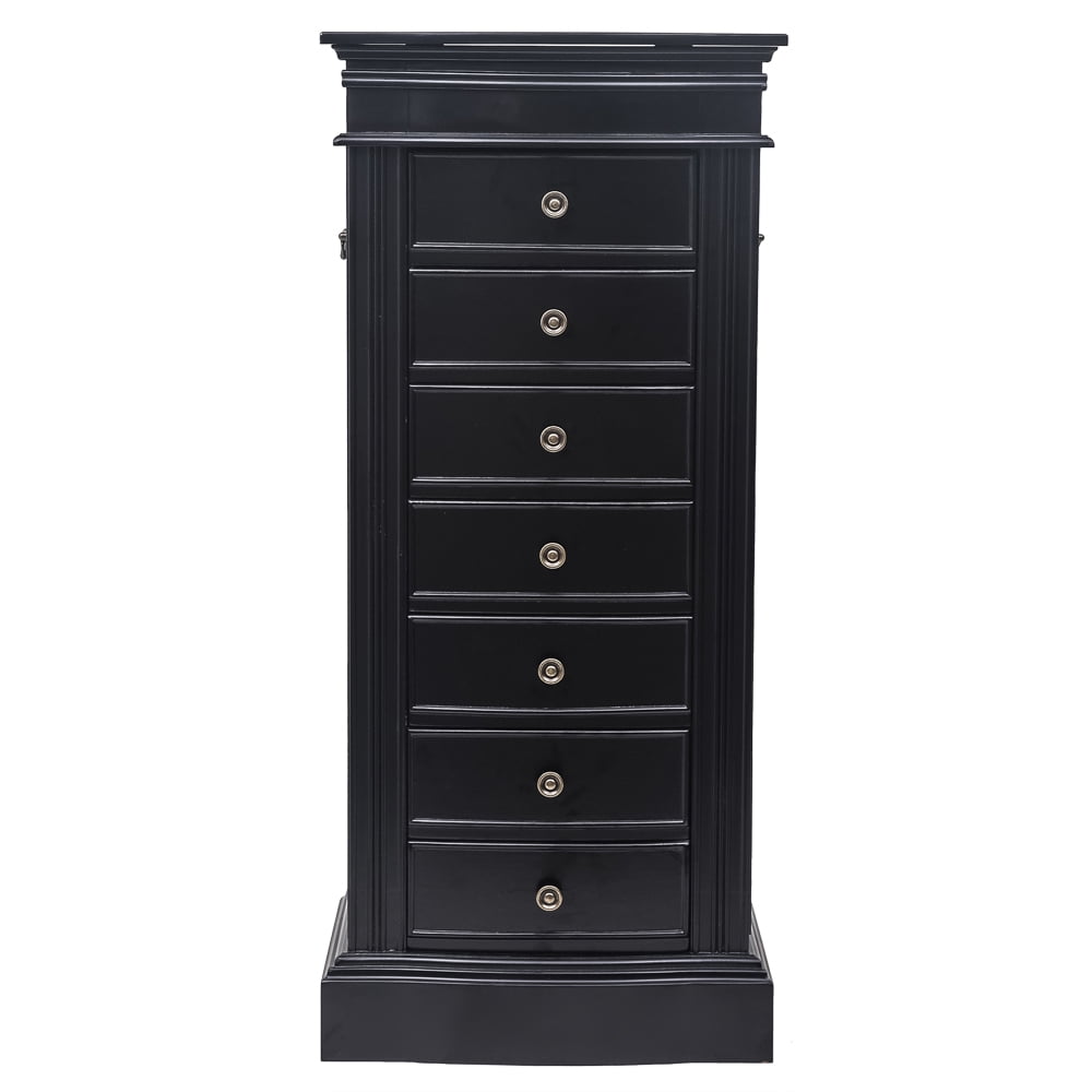 Classic Jewelry Armoire With Mirror 7 Drawers & 24 Necklace Hooks 2 Side Swing Doors Black