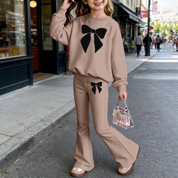 Girls 2 Piece Outfits Bow Print Short Sleeve Crop T-Shirt & Elastic Waist Cargo Pants Casual Streetwear Clothes for Kids Khaki Size 5-6 Years