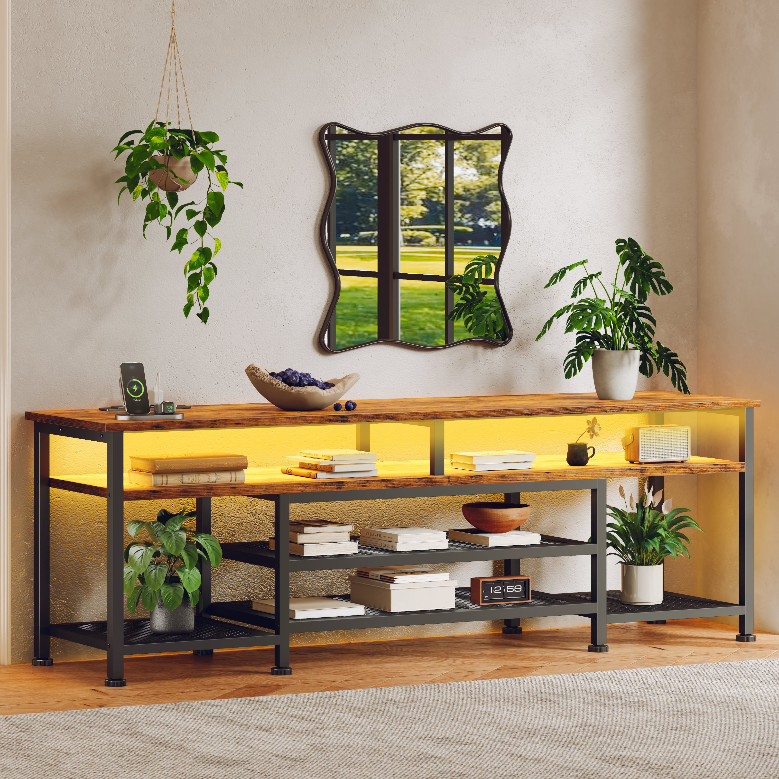 Tydimor Modern TV Stand for 75-80 inch TV, Media Console with Storage for Living Room, LED Entertainment Center with Outlets, Rustic Brown