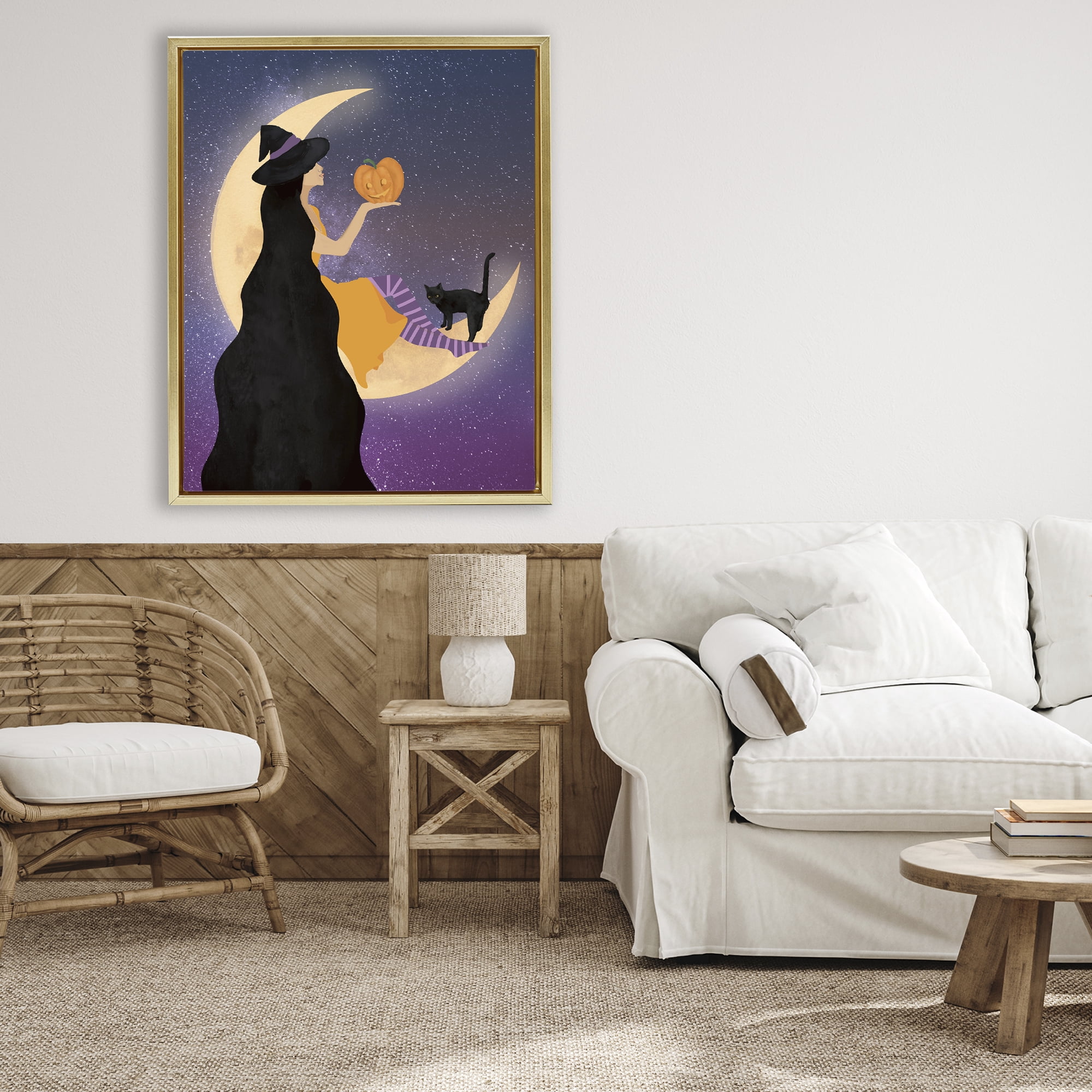 Stupell Industries Moonlit Witch Holding Jack-o-Lantern Gold Framed Floater Canvas Wall Art, design by Daniela Santiago