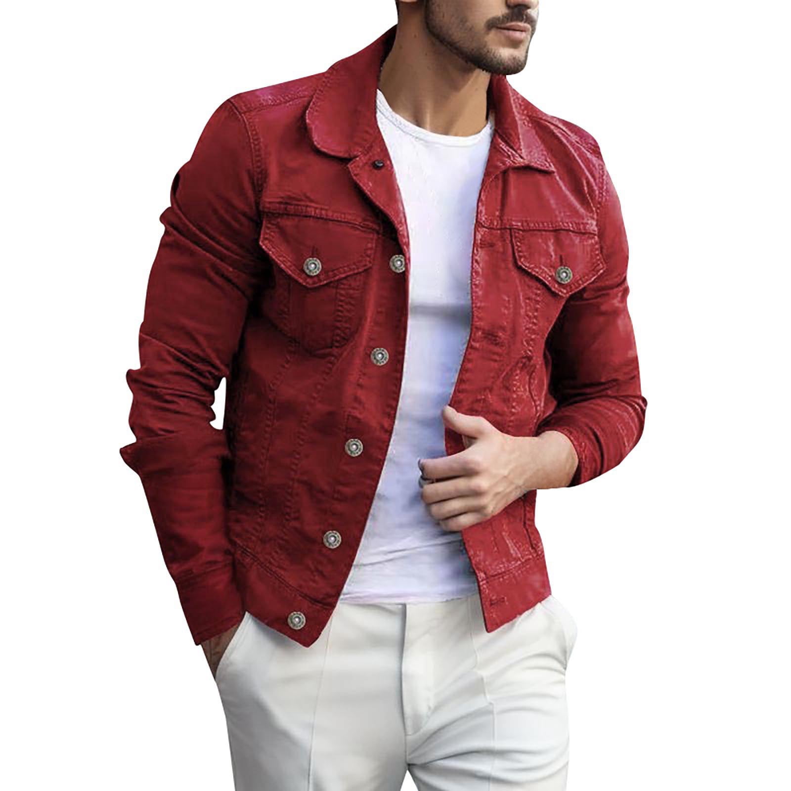 nsendm Mens Outerwear Leather Jacket with Wool inside Male Casual Autumn Solid Double Pocket Shirt Turn Down Collar Button Long Mens Adult Male Outerwear Red Size XXL Walmart