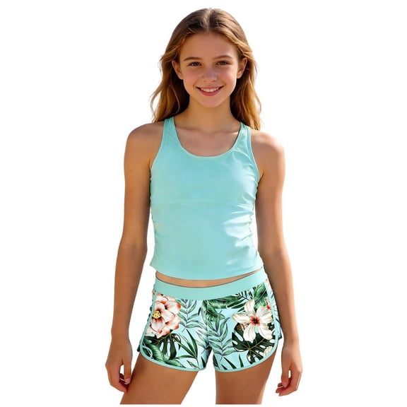 Karoyedx Toddler Girl Swim Girls Swimsuit Tankini Two Piece Bathing Suit Square Cross Back Swimwear with Printed Drawstring Bottoms Mint Green Size,9-10 Years