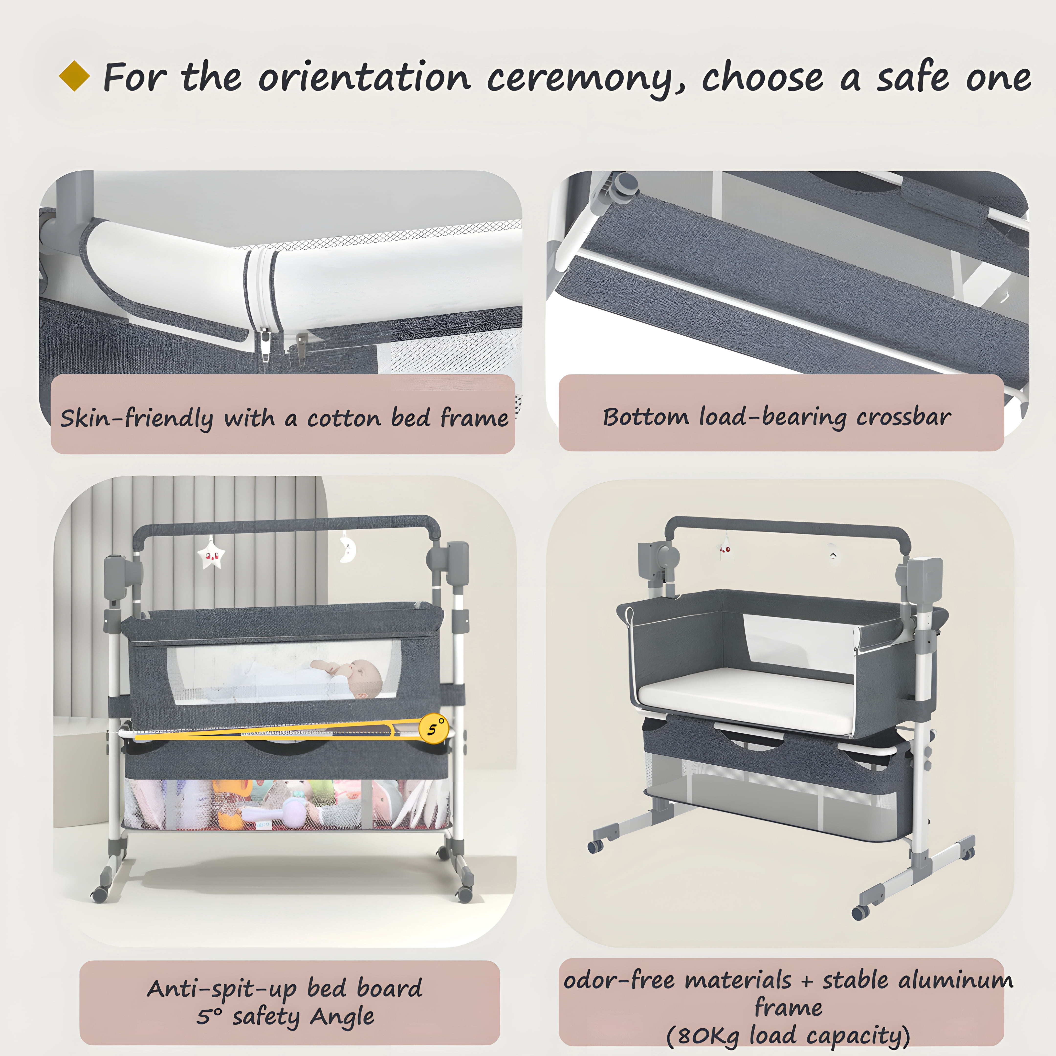 EaseBaby Electric Baby Bassinet & Bedside Sleeper with Bluetooth music and 3-Level Height Adjustment,Unisex,GREY