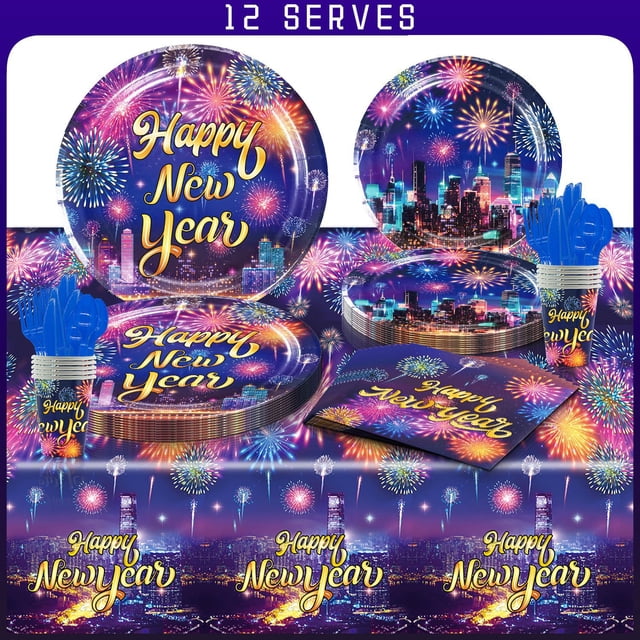 Decoración de fiesta temática de AÑO NUEVO, plato de papel desechable para 12 personas, mantel de seda, vajilla, traje