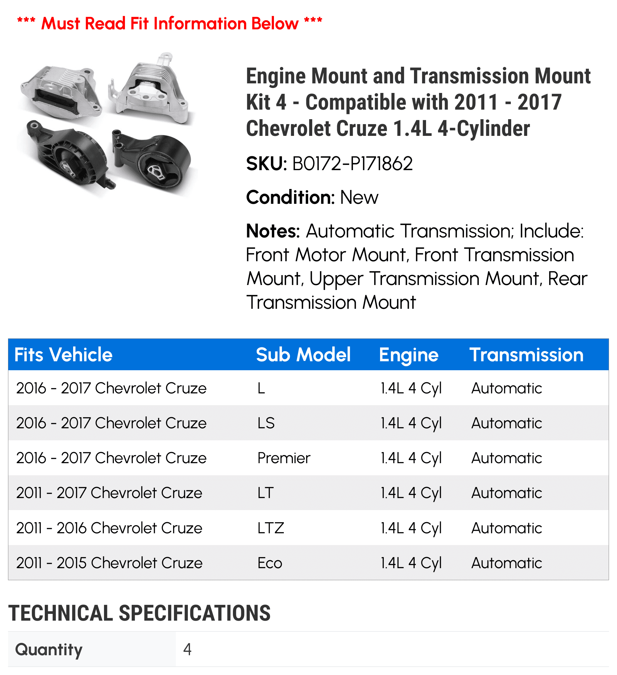 Engine Mount and Transmission Mount Kit 4 - Compatible with 2011 - 2017 Chevrolet Cruze 1.4L 4-Cylinder - Autopart Premium
