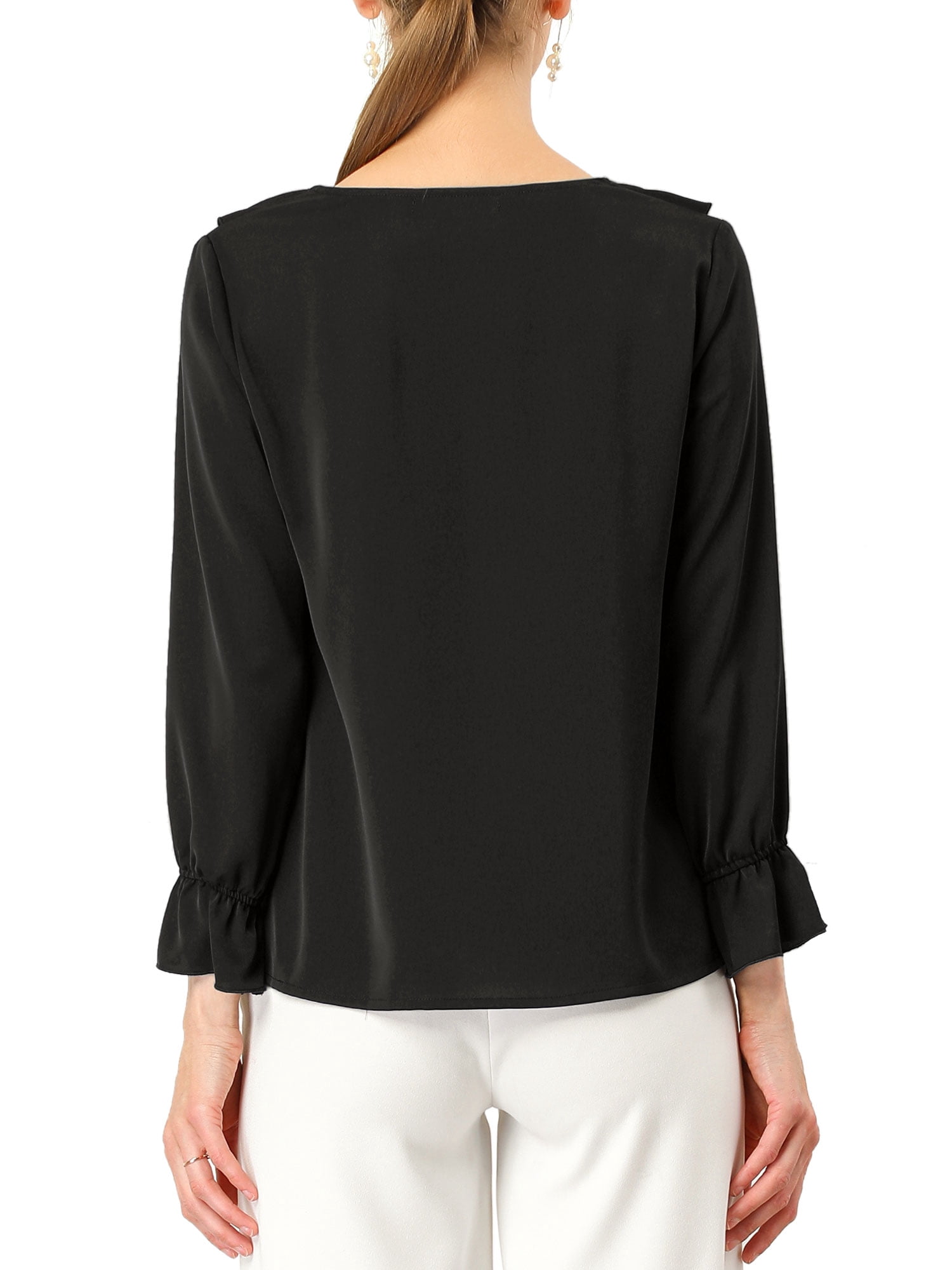 DARING DIVA Women's Ruffle V Neck Chiffon Peasant Blouse S Black
