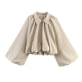 thumbnail image 2 of Sewkxo Womens Cropped Puff Sleeve Bomber Jacket Lapel Collar Pleated Full Zip Coat Spring Loose Fit Trendy Outerwear,Khaki XS, 2 of 8