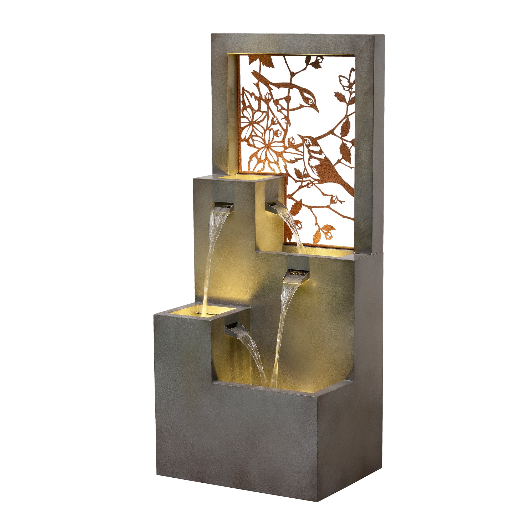 Metal Water Fountain with Bird Design and LED Lights - Outdoor