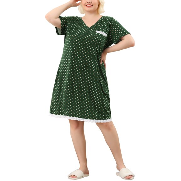 Unique Bargains Women's Plus Nightgown V Neck Dots Short Sleeve Sleepwear