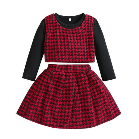 

Qiyuancai Toddler Girl Fall Outfits Set Kids Baby Spring Autumn Plaid Cotton Solid Long Sleeve Tops Vest Skirts 3Pc Clothes Set